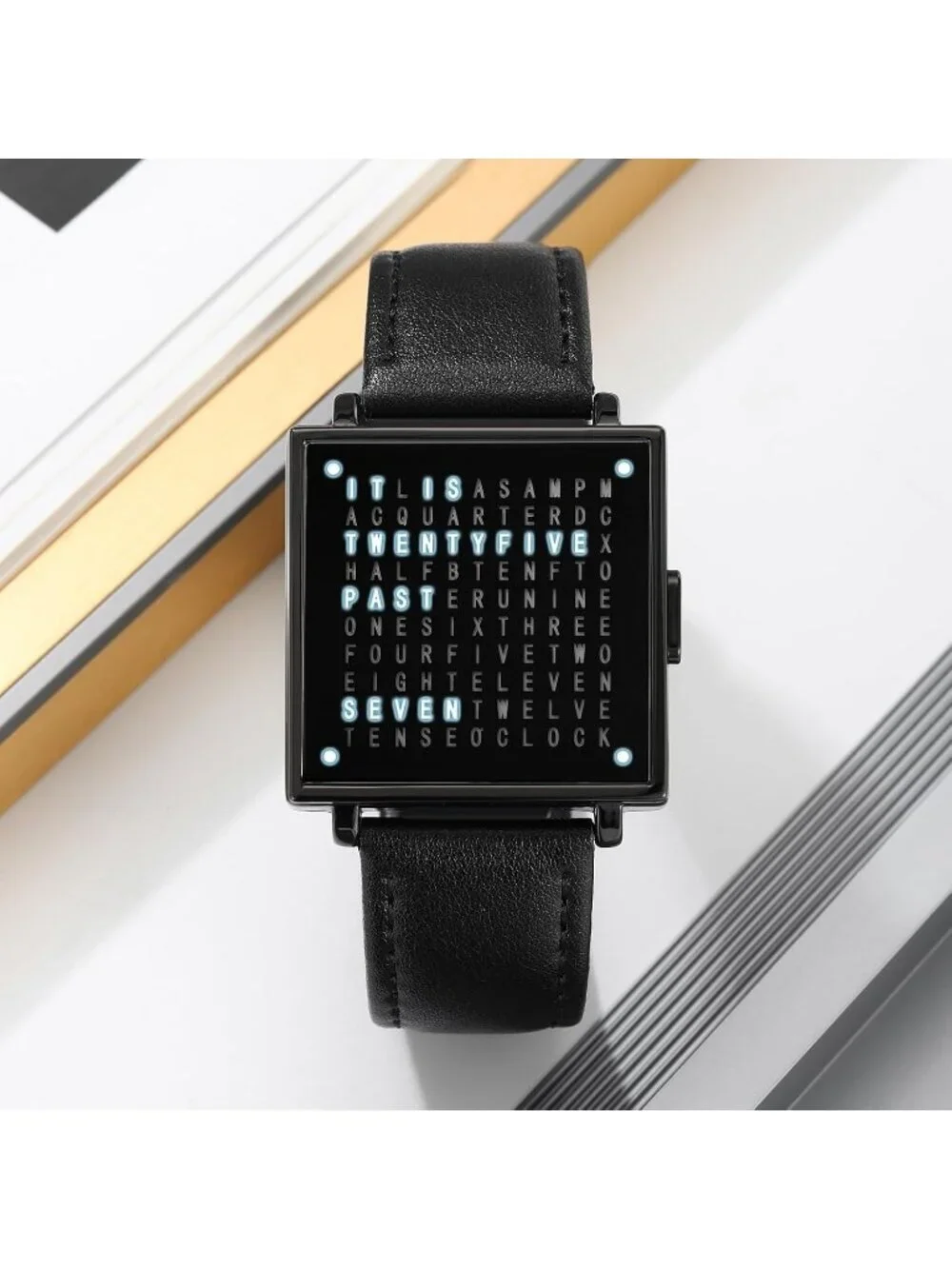 Men's All Black Analog Leather Multifunctional Waterproof Square Wrist Watch